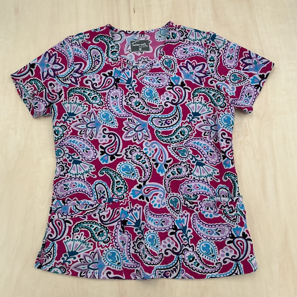 Butter-Soft Scrub Top Womens M Pink Paisley Stretch V-Neck Medical Workwear Boho